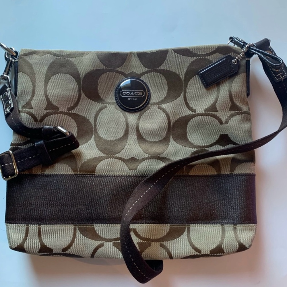 Coach Signature Canvas Crossbody in Khaki and Dark Brown